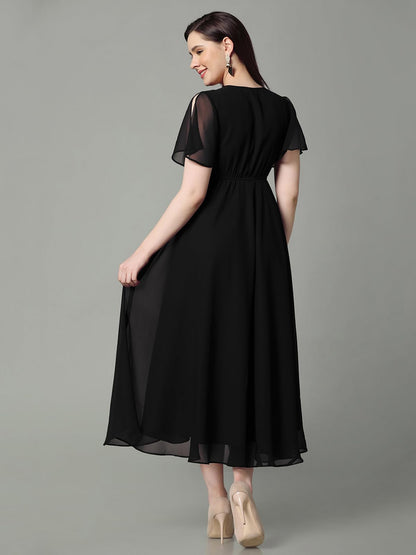 Selvia Western Dress For Women| Solid Cap Sleeve Georgette Western Dress For Women | Keyhole Neck Fit & Flare Dress For Women |