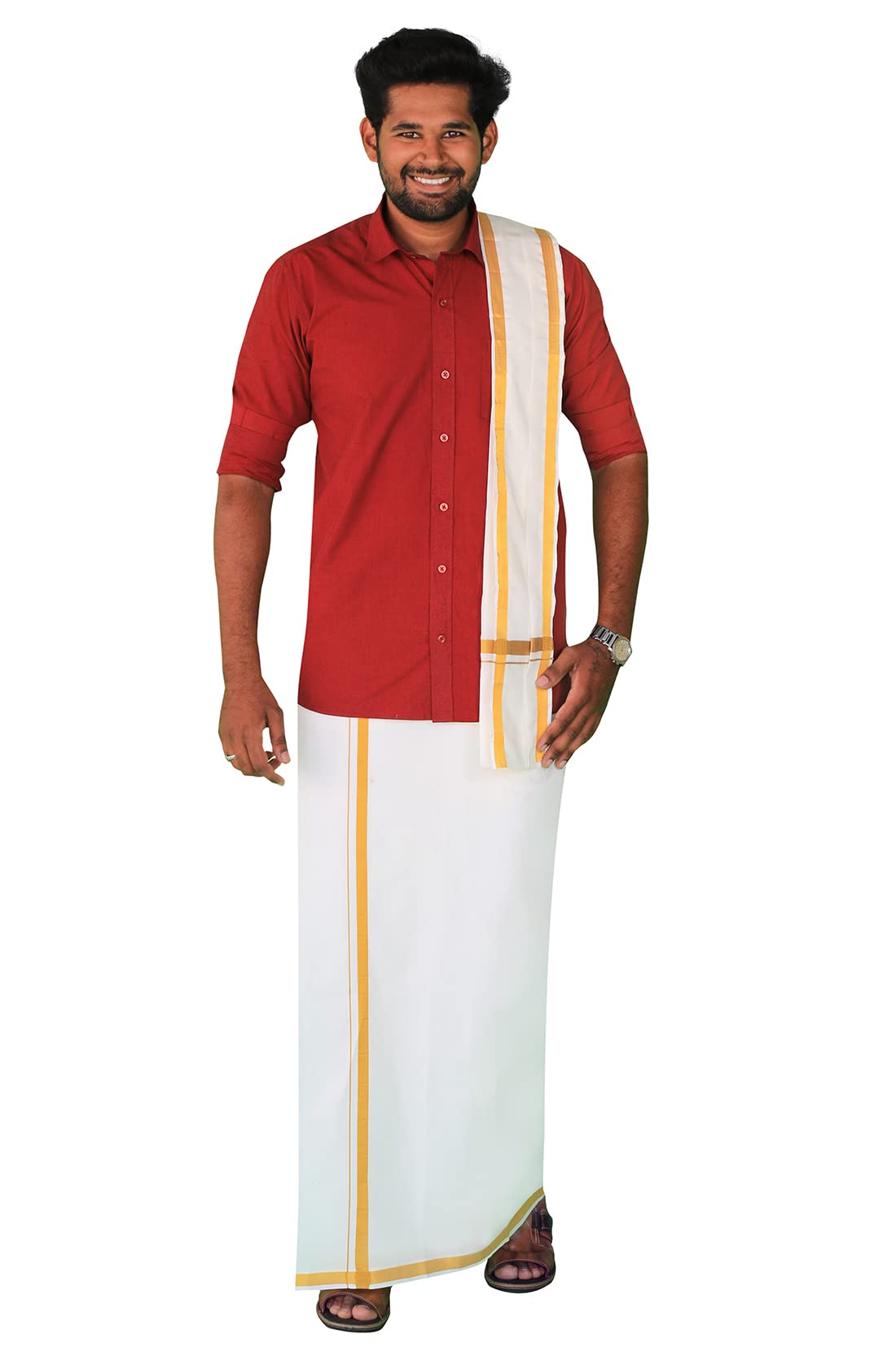 Prakasam Cotton Mens White Welcro Pocket Readymade Dhoti With Golden Jari Border + Matching Jari Cotton Single Towel Set Only (S
