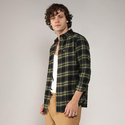 Campus Sutra Mens Midnight Black & Sage Green Brushed Buffalo Check Shirtfor Casual Wear | Spread Collar | Long Sleeve | Button