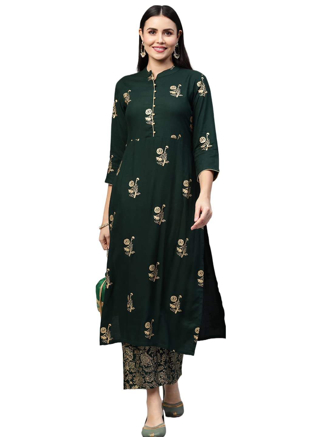 Anni Designer WomenS Cotton Blend Straight Embellished Kurta With Palazzo (Anwita Green_Xxl_Green_Xx-Large)