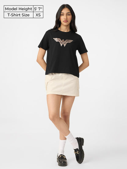 The Souled Store Wonder Woman: Logo Women and Girls Short Sleeves Round Neck Black Graphic Printed Cotton Relaxed Fit T-Shirts
