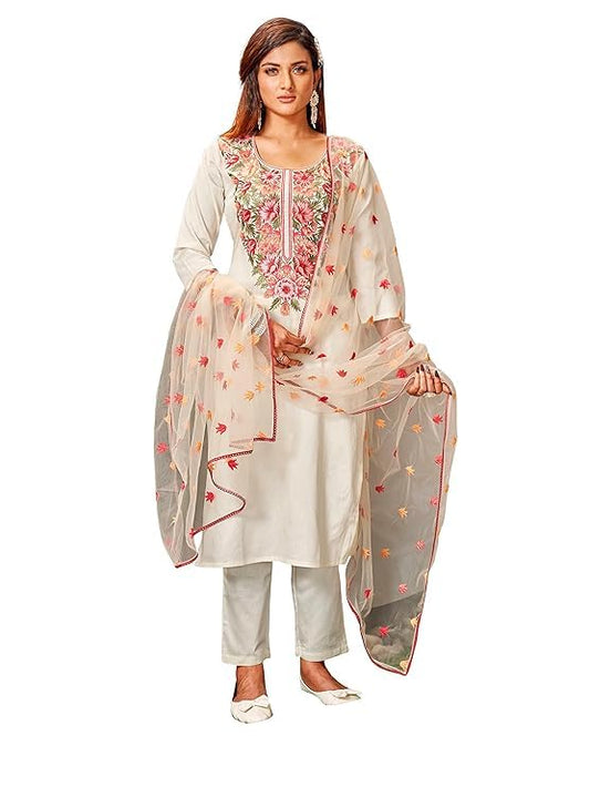 Womanista Women's Off White Floral Embroidered Cotton Blend Kurta Set with Dupatta