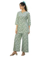 Pinkmint Womens Pure Cotton Co Ord Set l Flower Printed Co Ord Set l Stylish Pocket & 3/4 Sleeve Women Co-ord Set Light Green
