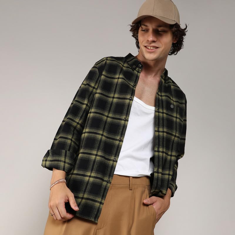 Campus Sutra Mens Midnight Black & Sage Green Brushed Buffalo Check Shirtfor Casual Wear | Spread Collar | Long Sleeve | Button