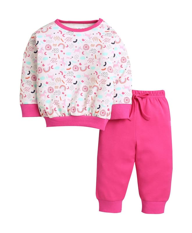BUMZEE Baby Girls Cotton Round Neck Full Sleeves Animal Print T-Shirt & Jogger Set Baby Pink & Pink - 3-6 Months (Peb11085B-bpk)