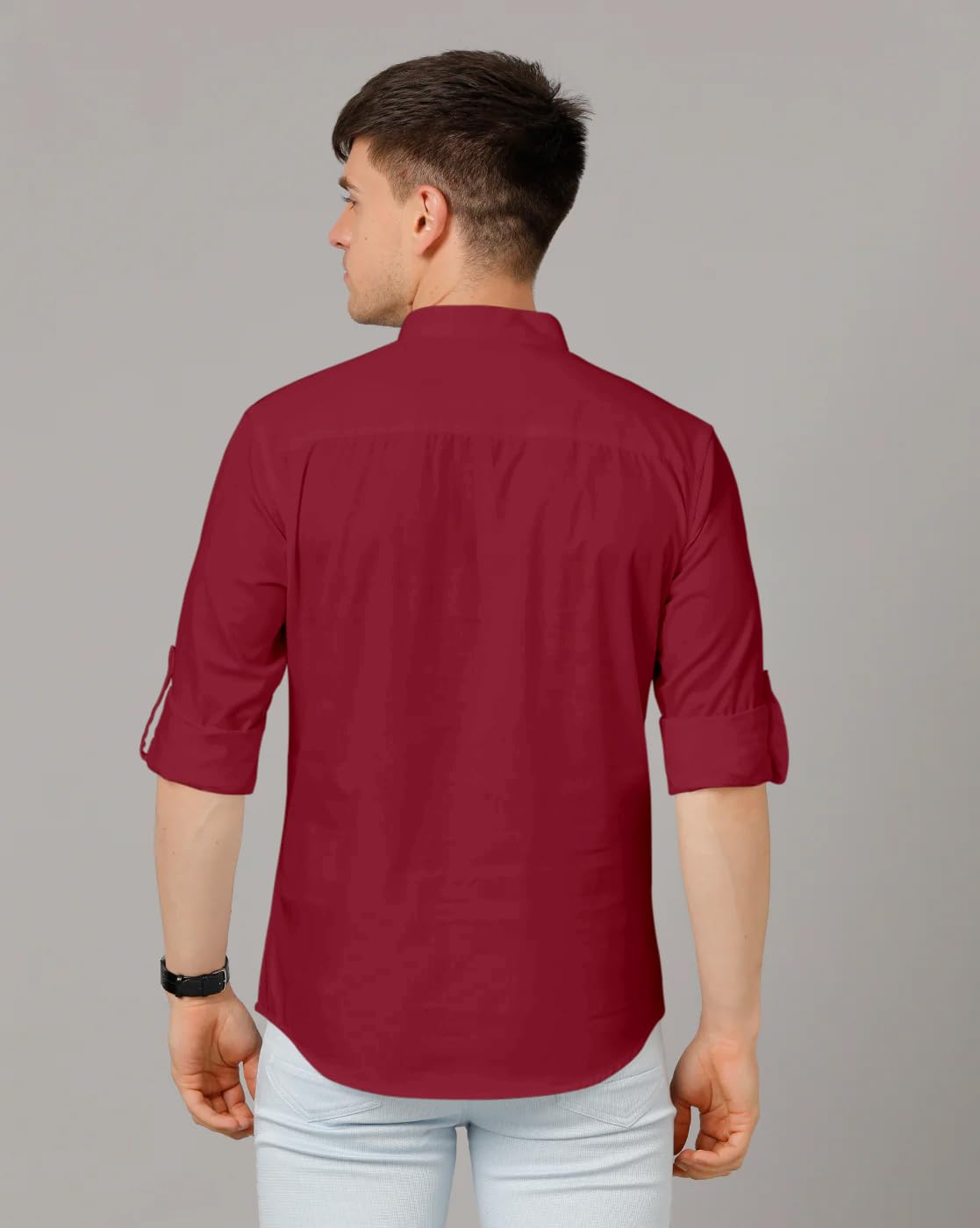 Zombom MenS Cotton Blend Solid Regular Fit Casual Mandarin/Chinese Collor Short Kurta Maroon