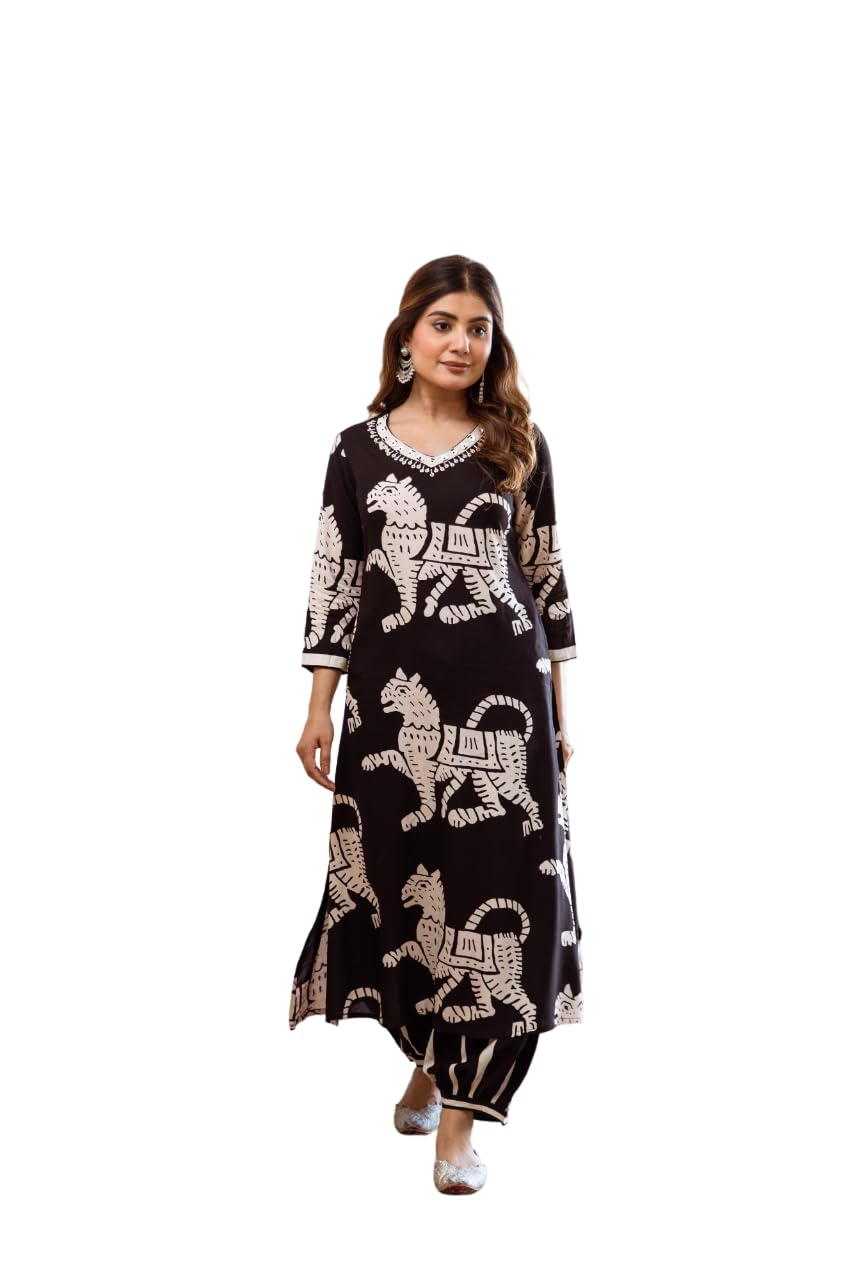 Ishin Black Rayon Quirky Printed Kurta With Pants