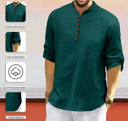 Macsivo MenS Cotton Blend Short Kurta With Solid Mandarin Collared Full Sleeve Curved Hem Length | Kurta For Men Stylish Dark G