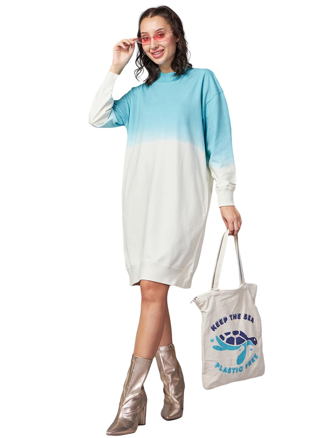 Bewakoof Heavy Duty 1.0 WomenS Ombre Oversized Fit Full Sleeve High Neck Cotton Sweatshirt Dress_614099_Beige_M
