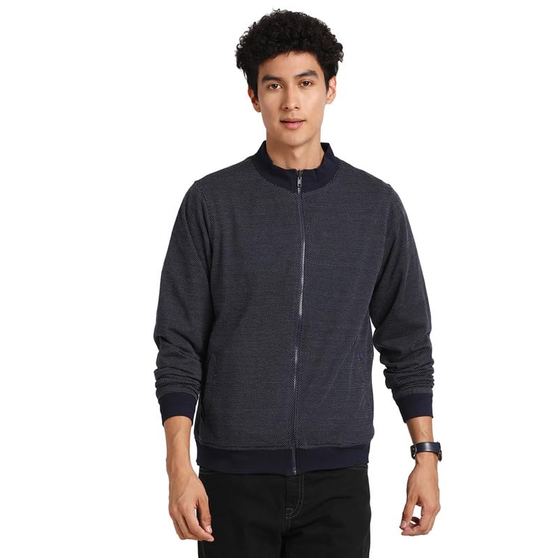 Turtle Men Knitted Navy Blue Dobby Regular Fit Full Sleeve Casual Reversible Sweatshirt