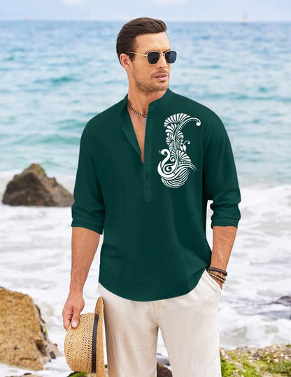 Finivo Fashion MenS Printed Cotton Blend Short Kurta With Artistic Chest Design | Stylish Full Sleeve Casual Kurta With Mandarin