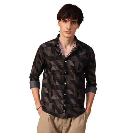 Campus Sutra Mens Midnight Black Geometric Seersucker Shirt for Casual Wear | Spread Collar | Long Sleeve | Button Closure | Sh