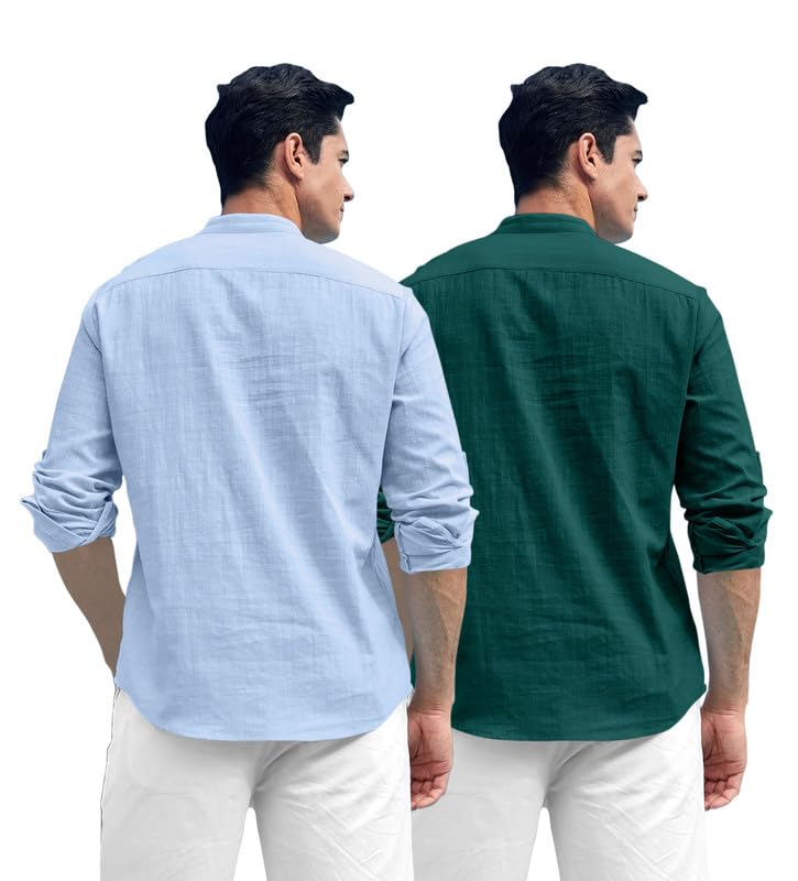 Macsivo Combo Of MenS Cotton Polyester Blend Solid Regular Fit Full Sleeve Short Kurta Pack Of 2 Sky-Green