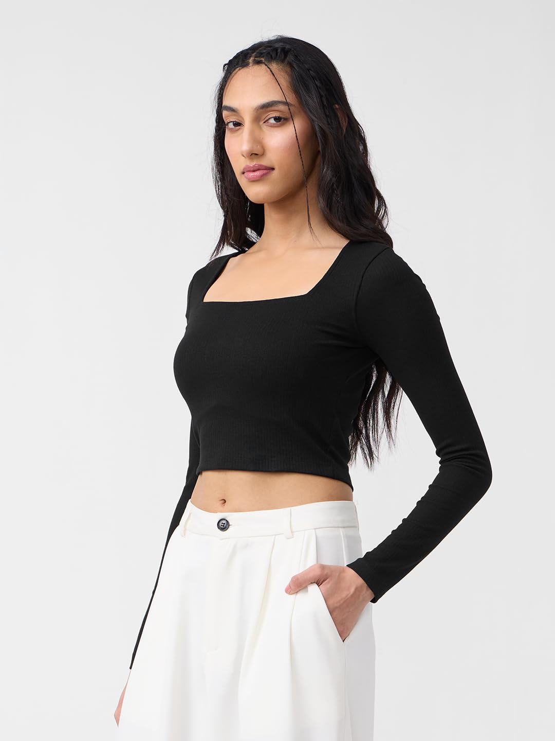The Souled Store Crop-Top: Rich Black Women and Girls Long Sleeves Square Neck Solid Polyester Blend Slim Fit Cropped Tops