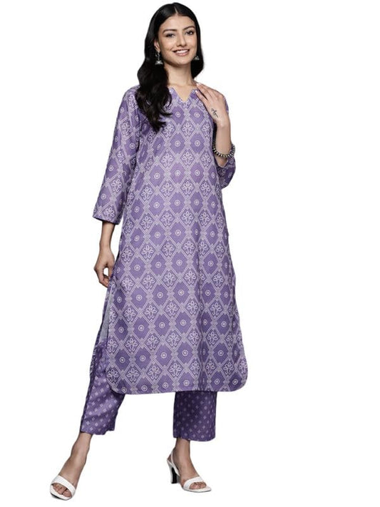 Varanga Women Lavender Bandhani Printed Straight Kurta Paired with Tonal Bottom