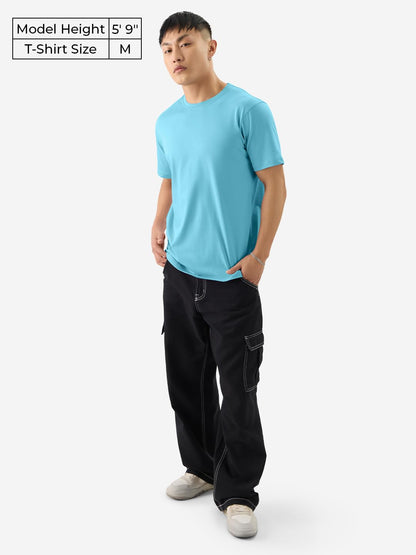 The Souled Store Solids: Airy Blue Men and Boys Short Sleeves Round Neck Regular Fit Cotton T-Shirts