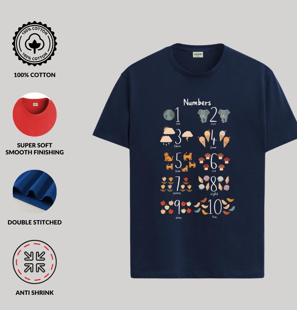 ADRO T Shirts for Boys & Girls || Learning Numbers Printed T-Shirt || Ages 3-14 || 100% Cotton Round Neck Tshirt for Boys & Girl