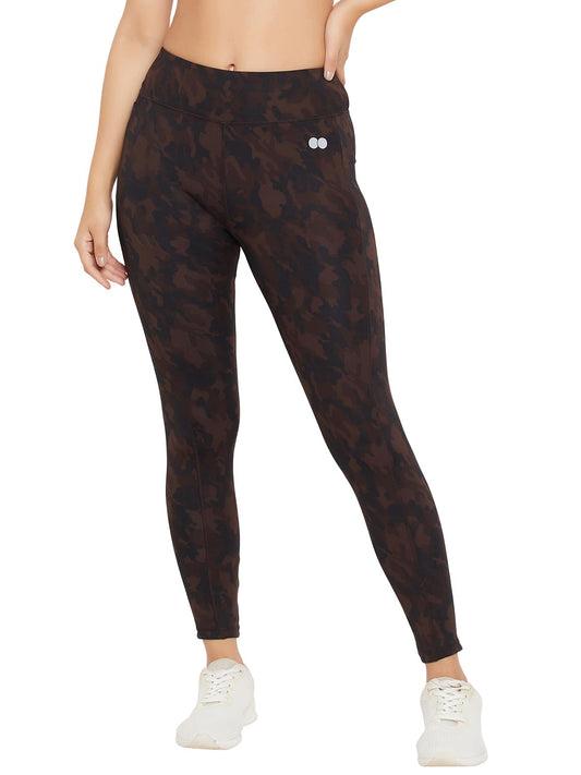 Clovia Womens High Rise Camouflage Print Active Tights with Side Pocket (AB0100D06_Brown_S)