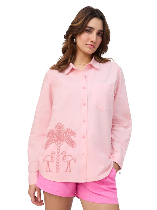 The Souled Store Cotton Linen Shirt: Flamingo Women and Girls Long Sleeve Collared Neck Pink Embroidered Oversized Fit Lightweig