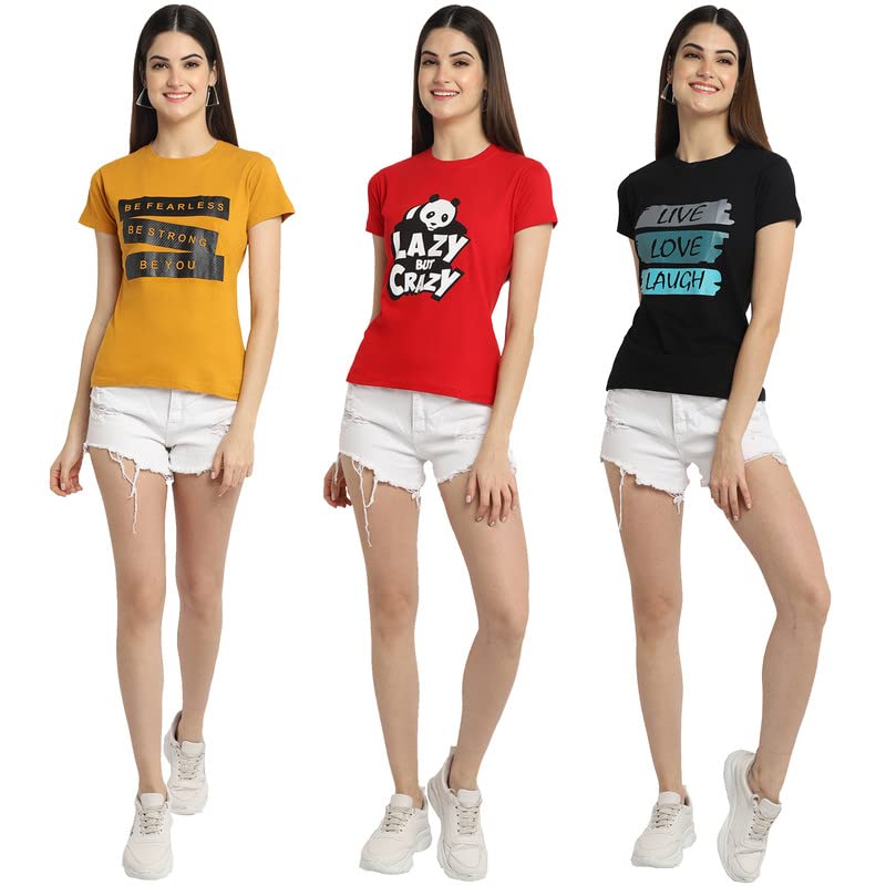 Preneum Womens Cotton Regular Fit Latest Graphic Stylish Printed Short Sleeves Casual T-Shirt || Latest Trendy & Style (Pack 3)