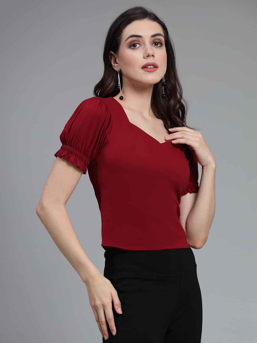 Style Quotient Women Solid Wine Cotton Knit Smart Casual Top