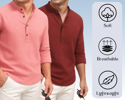 Deemoon Combo Of MenS Cotton Blend Solid Regular Fit Full Sleeve Short Kurta | MenS Trendy Short Kurta Pack Of 2 (Available In