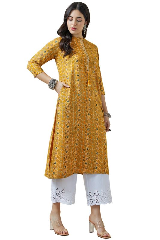 Soch Womens Mustard Mandarin Collar Rayon Abstract Print Kurta
