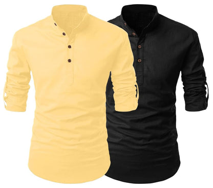 Finivo Fashion Combo Of MenS Regular Fit Cotton Blend Solid Full Sleeves Kurta | Short Kurta For Men (Pack Of 2)