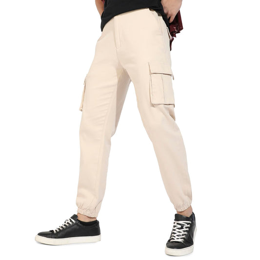 Campus Sutra Mens Beige Cuffed Hem Cargo Trousers for Casual Wear | 6 Pockets | Regular Fit | Button Closure | Cotton Poly Carg