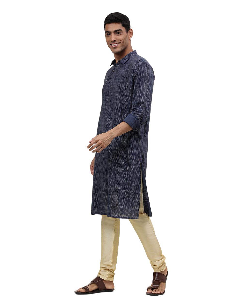 Fabindia Men's Navy Cotton Printed Slim Fit Kurta