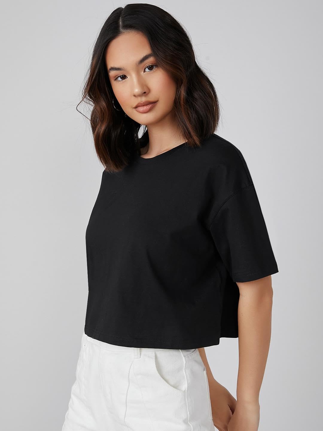Kotty WomenS Solid Cotton Blend Oversized Crop T-Shirts