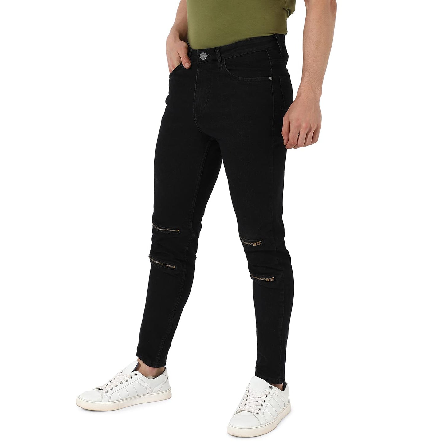 Campus Sutra Mens Black Zip Detail Slim Fit Denim Jeans | Stretchable Cotton Mid-Rise Denim Jeans Crafted with Comfort Fit and
