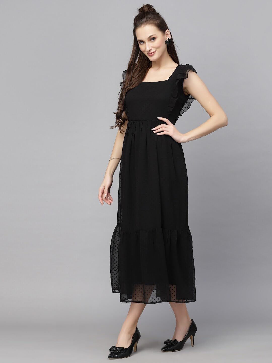 Avanova Georgette Jacquard Butti Black Square Neck Knee Length Western Dresses For Women