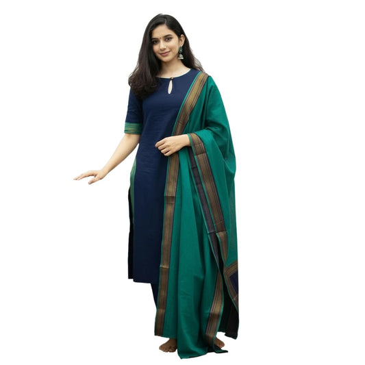 Anni Designer WomenS Silk Cotton Solid Straight Kurta With Dupatta (Gunjika Navy_Xxl_Navy_Xx-Large)