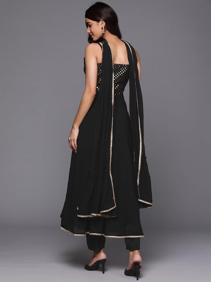 Libas Womens Embroidered Georgette A-Line Kurta With Trousers And Dupatta