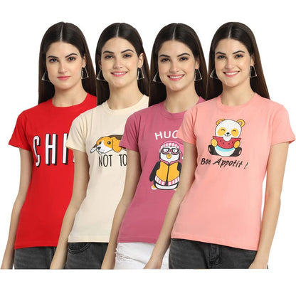 Preneum Womens Cotton Regular Fit Latest Graphic Stylish Printed Short Sleeves Casual T-Shirt || Trendy & Style (Pack 4), Red &