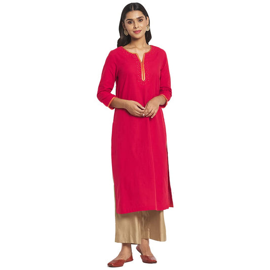 Fabindia Women Cotton Embroidered Long Kurta Red