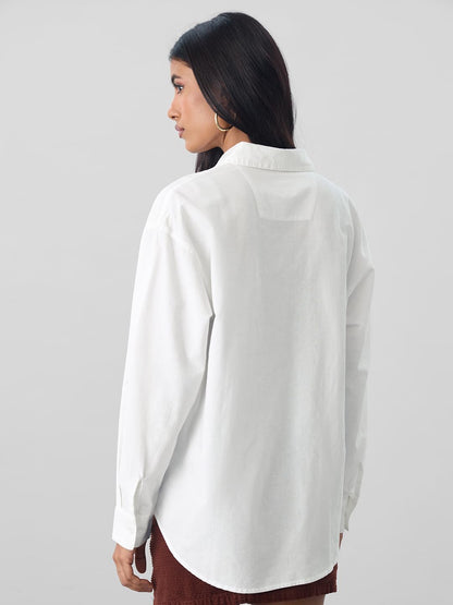 The Souled Store Cotton Linen: Lucky Clover Women and Girls Long Sleeves Collared Neck Button Front White Embroidered Lightweigh