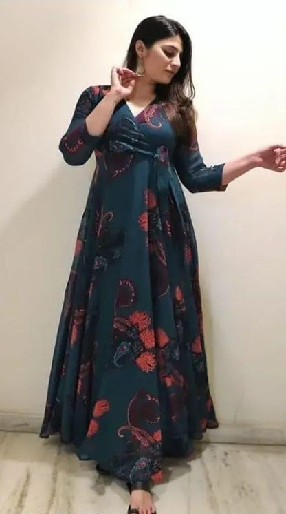 Fashion2wear Womens Georgette Fit and Flare V-Neck Gown Elegant Silhouette in Effortless Style | 3/4 Sleeve | Dress for Women (