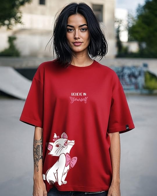 Bewakoof Womens Believe Cat Graphic Print 100% Cotton T-Shirt- Oversized Fit, Round Neck, Half Sleeve