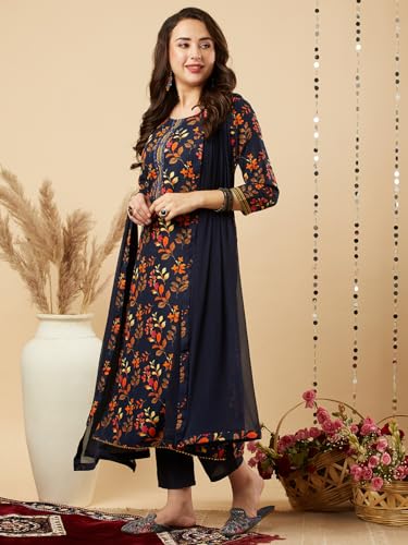 ANNI DESIGNER Women's Cotton Blend Printed Straight Kurta and Pant with Dupatta Set