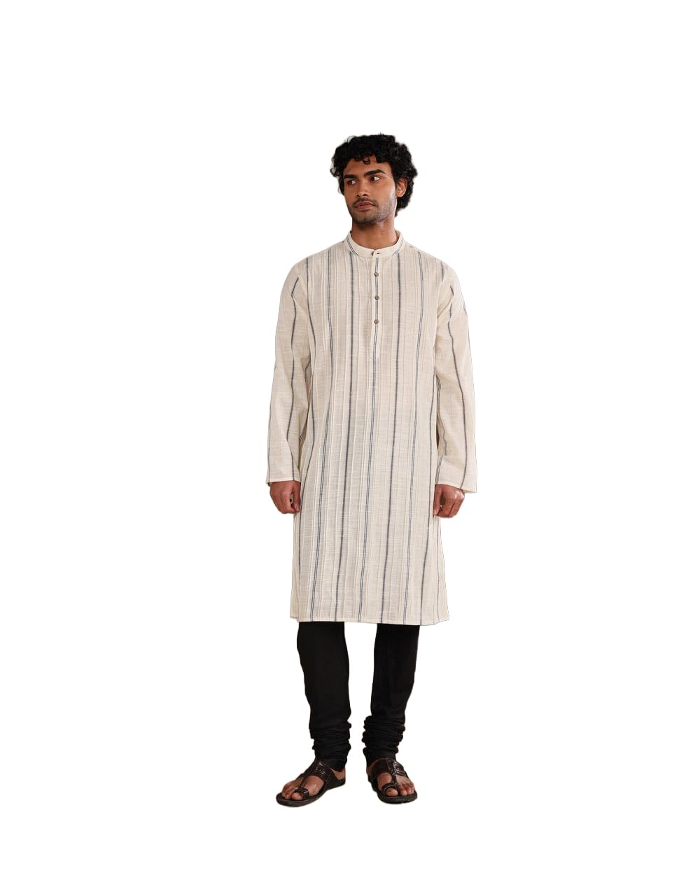 Fabindia Men'S Offwhite Cotton Blend Stripe Comfort Fit Long Kurta