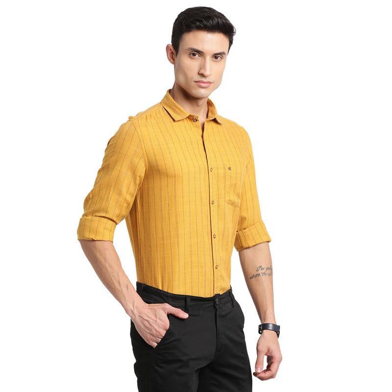 Turtle Men Cotton Lyocell Yellow Striped Slim Fit Full Sleeve Casual Shirt