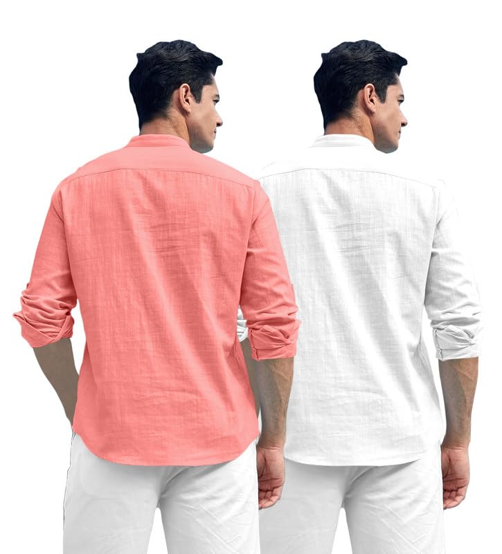 ROYALSCOUT Combo of Mens Solid Cotton Blend Full Sleeve Straight Kurta Shirt (Pack of 2) Peach-White