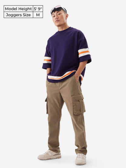The Souled Store Solids: Deep Tan Men and Boys Buttoned Cottton Blend Straight Fit Cargo Pants