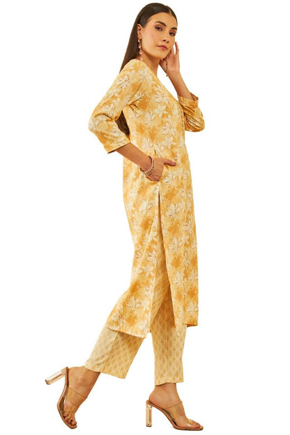 Soch Womens Mustard Rayon Floral Printed Kurta Set With Embroidery Details