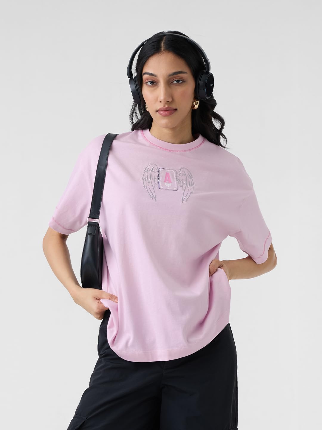 The Souled Store Angel Card Women and Girls Short Sleeves Round Neck Pink Graphic Printed Cotton Oversized T-Shirts