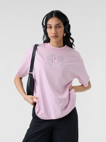 The Souled Store Angel Card Women and Girls Short Sleeves Round Neck Pink Graphic Printed Cotton Oversized T-Shirts