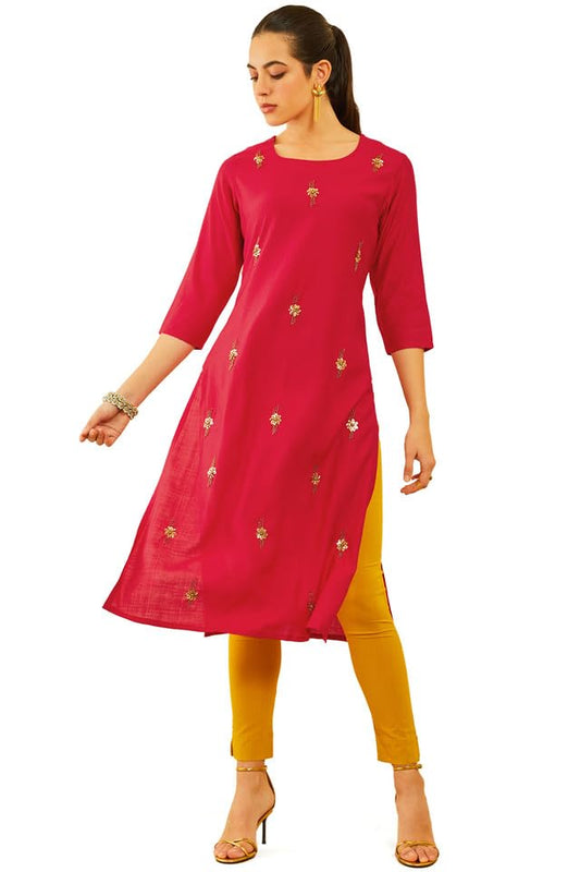 Soch Womens Red Viscose Embellished Kurta with Beads