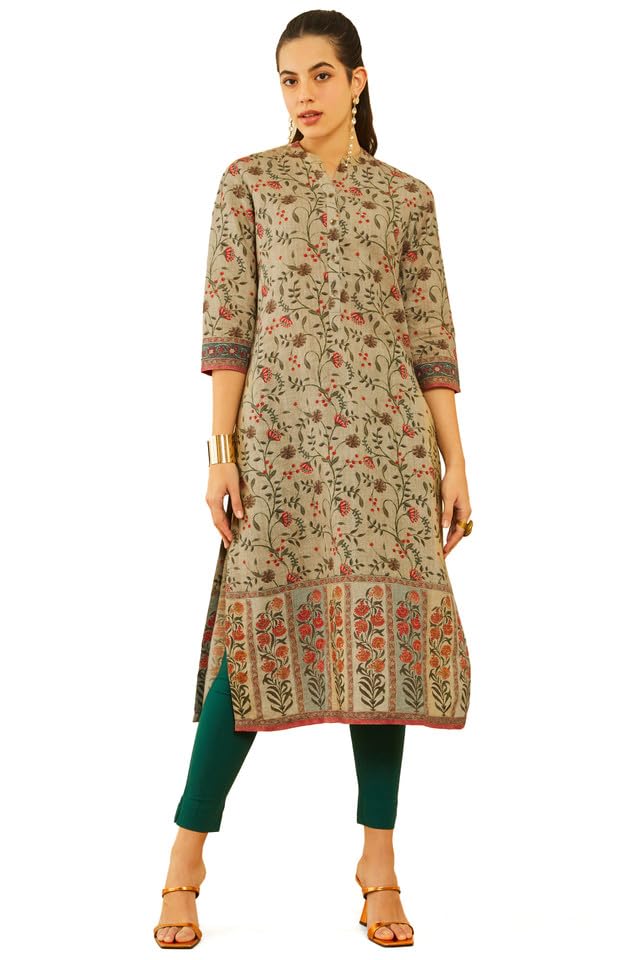 Soch Womens Olive Green Linen Floral Printed Straight Kurta